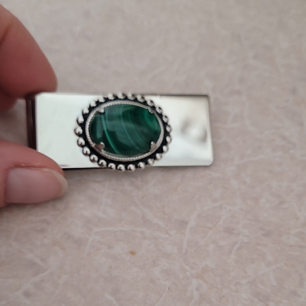 Silver Money Clip with Green Stone Accent Also Matching Bolo.